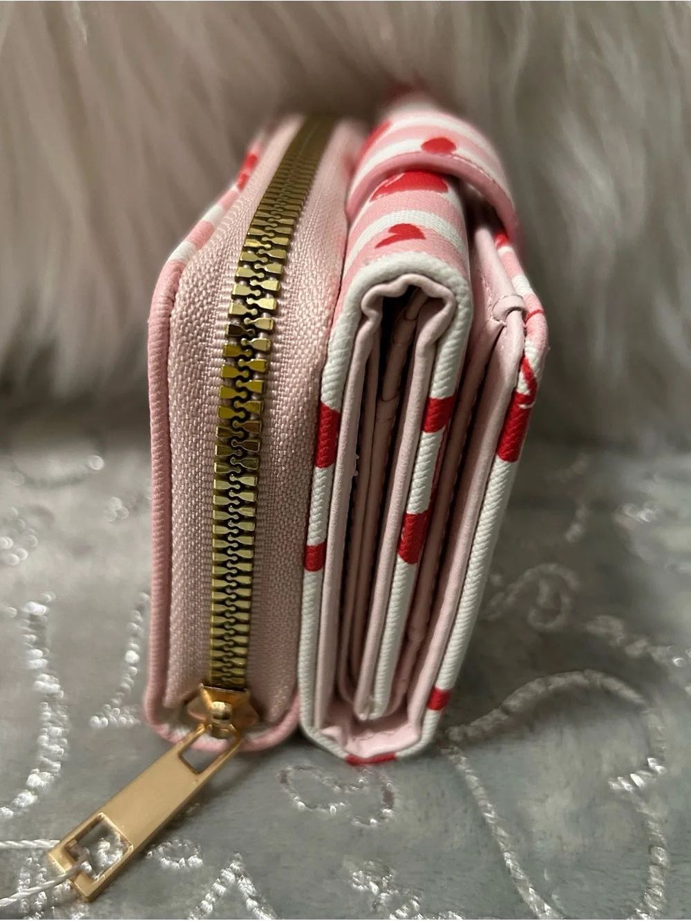 NWT Blush Kiss Size 4’x4’, Pink & White Stripe Cherry Wallet w/Gold Heart Accent
